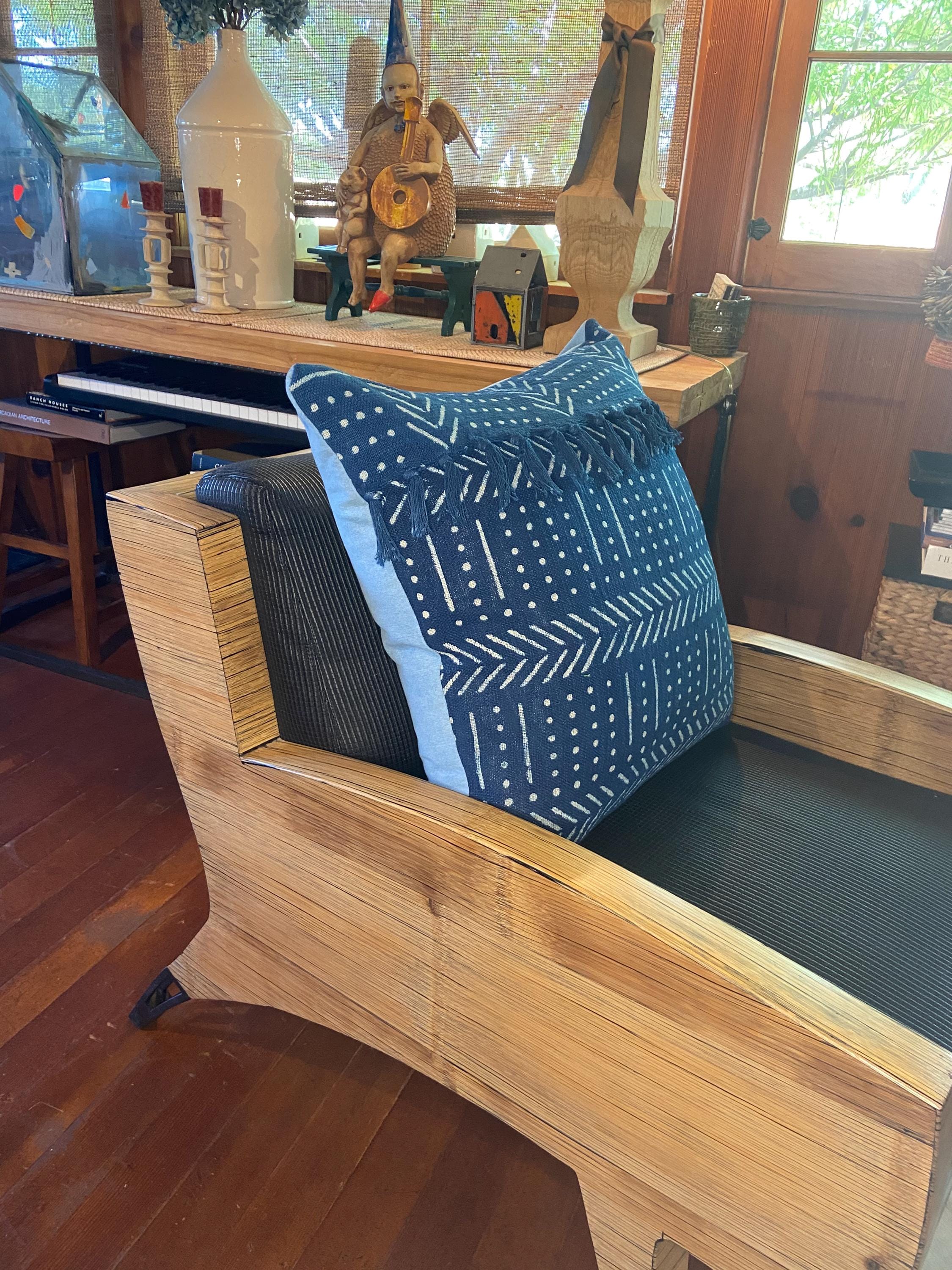 Authentic African Mudcloth Pillow Cover – Indigo Shibori Abstract Design, Fringe Detail