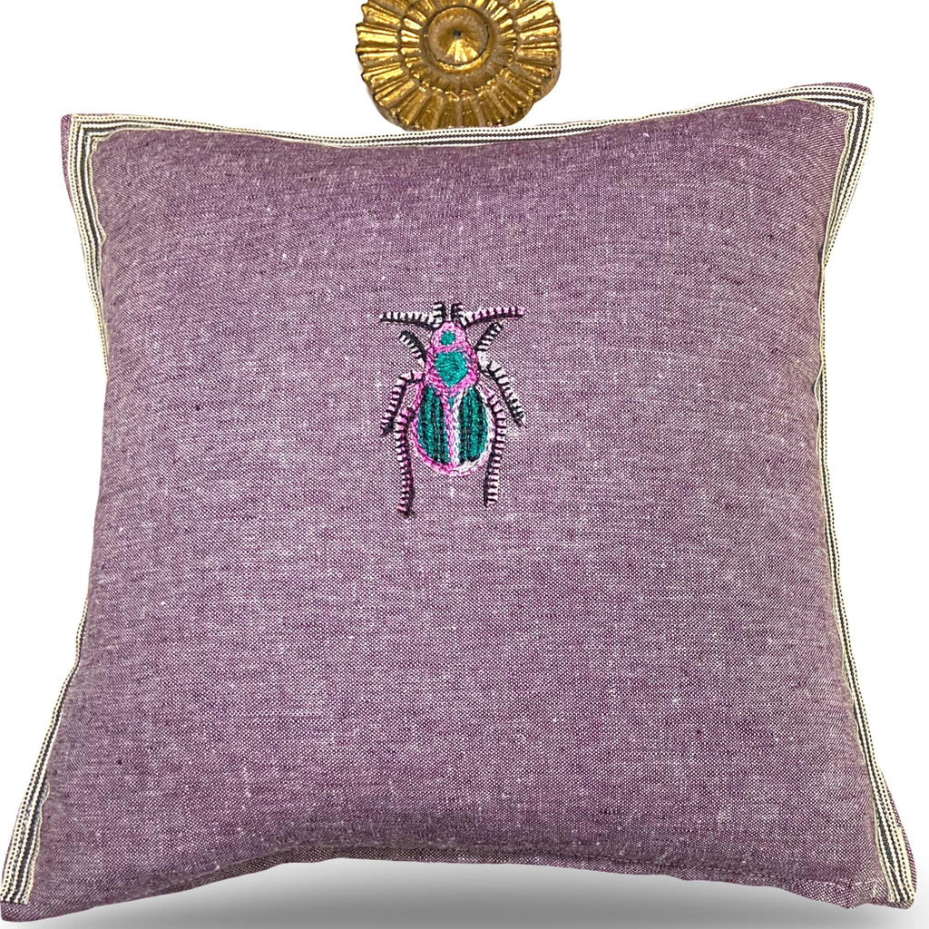 Lilac Linen Pillow – Beetle Bug Embroidery, Decorative Throw