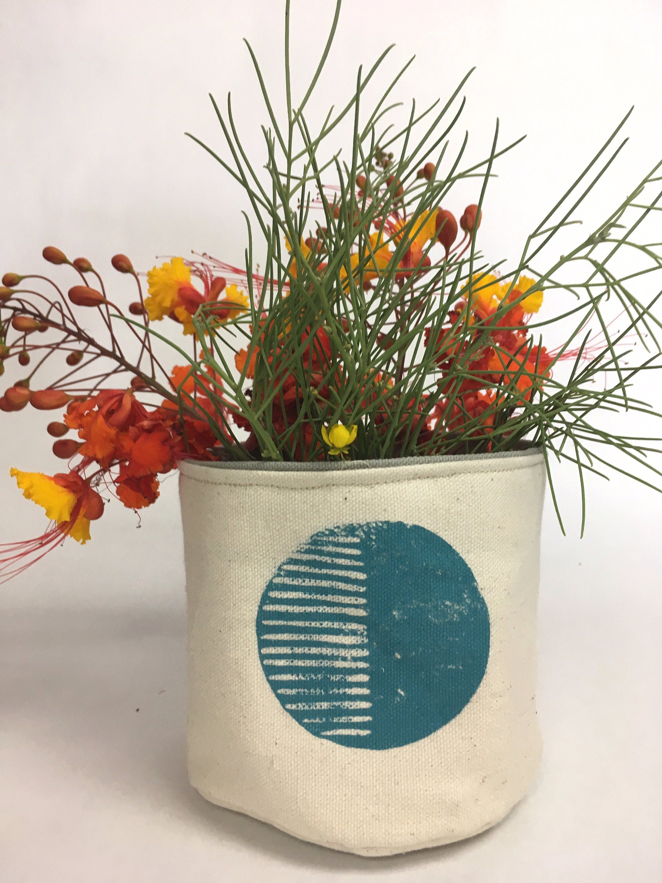 5” Circular Print Succulent / Plant Pot, Blockprinted Fabric Bucket