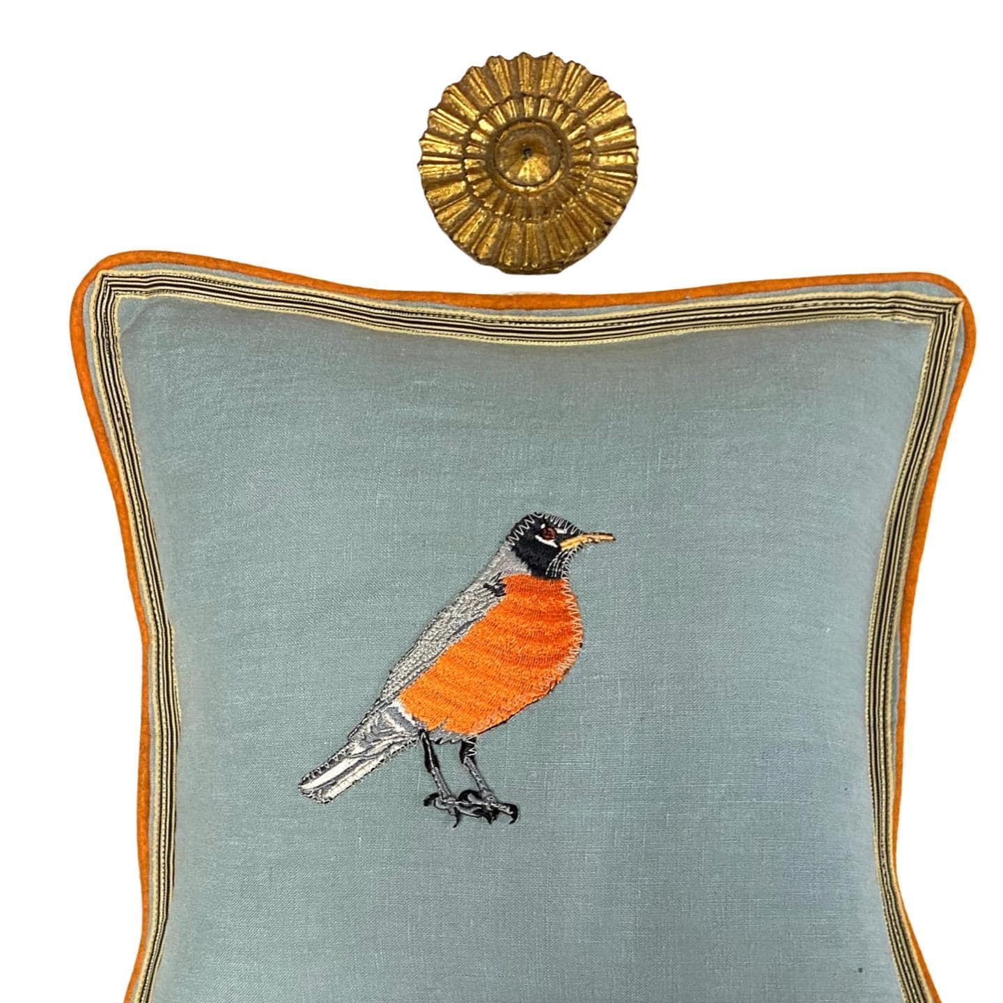 Embroidered Robin Bird Linen Pillow: Slate Blue & Orange Accent