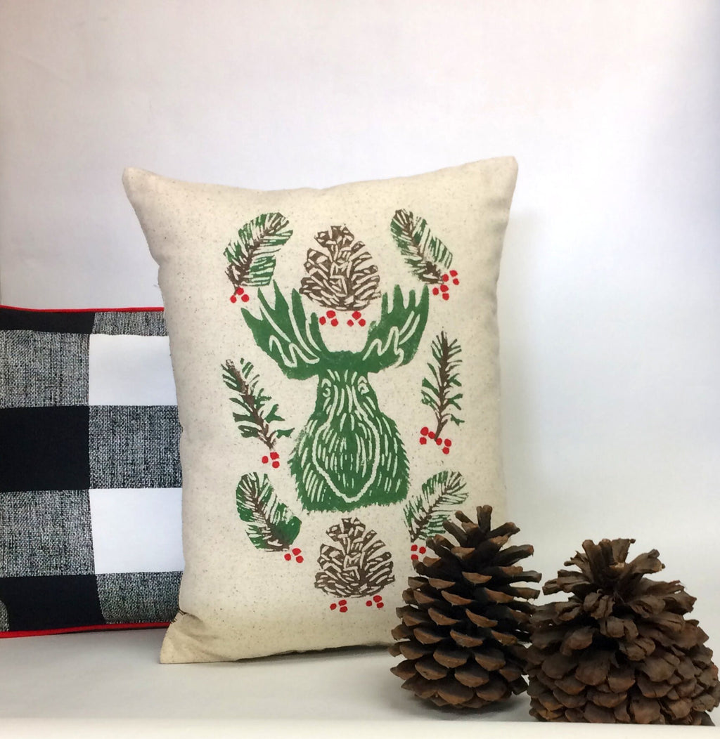 Christmas Moose or Bear Pillow: Hand Printed Woodland Decoration