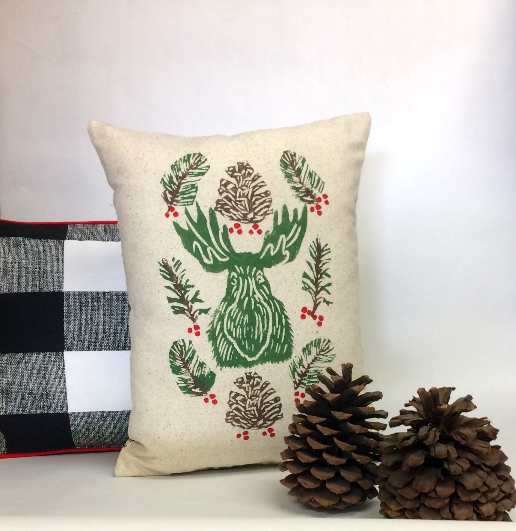 Christmas Moose or Bear Pillow: Hand Printed Woodland Decoration