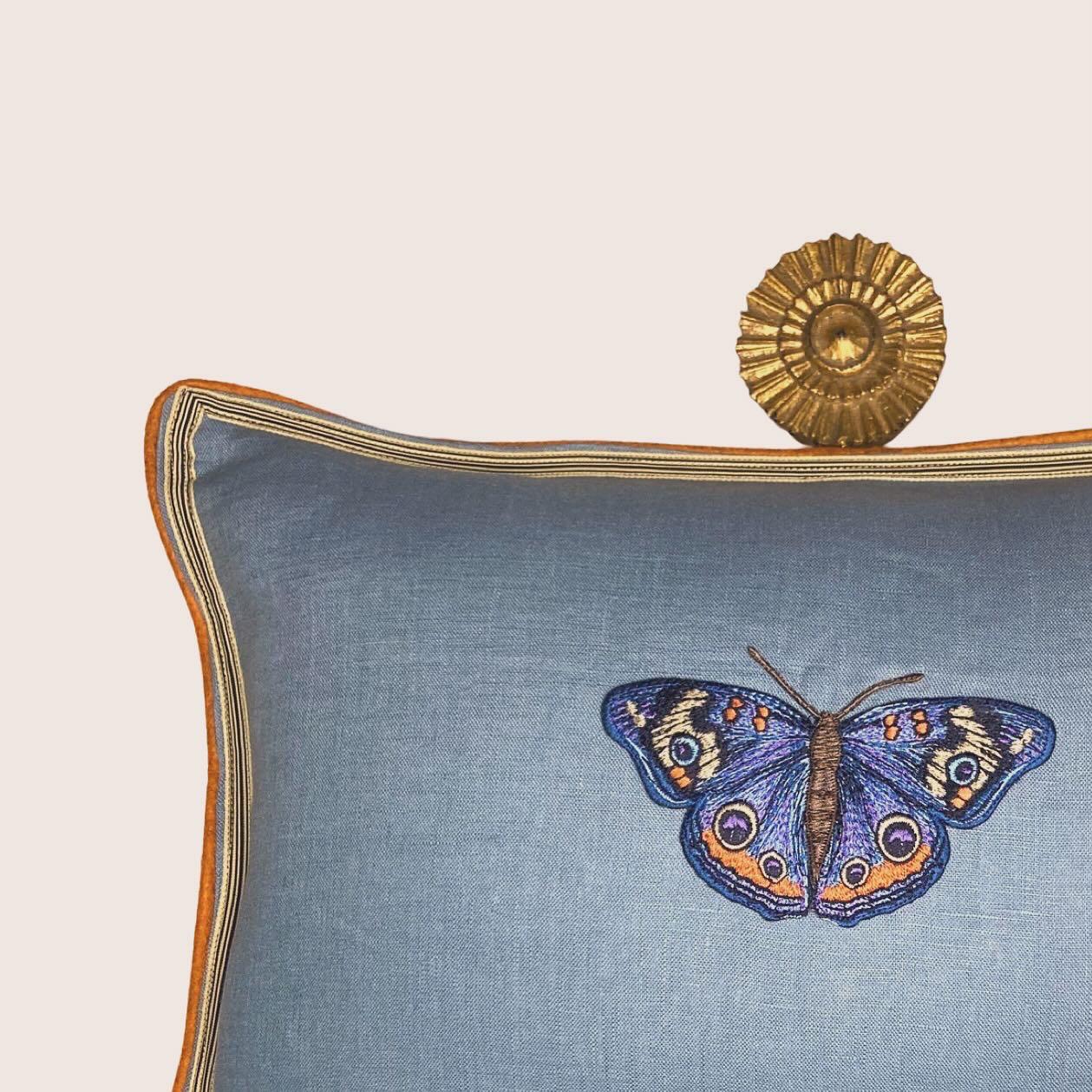 Butterfly Slate Blue and Orange Embroidered  Linen Pillow - Embroidery Pillow