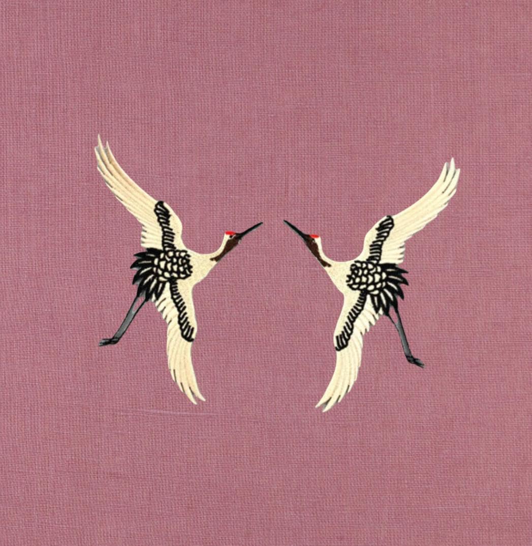 Embroidered Crane Linen Pillow: Caramel Brown, Black and Ivory Bird Applique