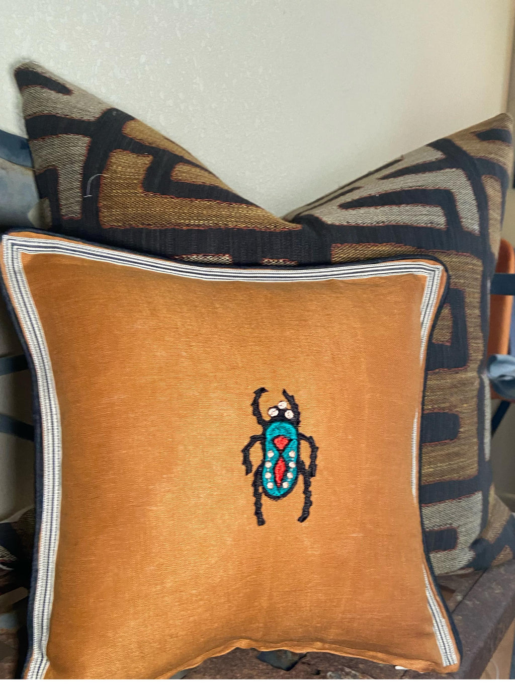 Caramel Brown Linen Beetle Embroidery Pillow: Insect Decorative Cushion