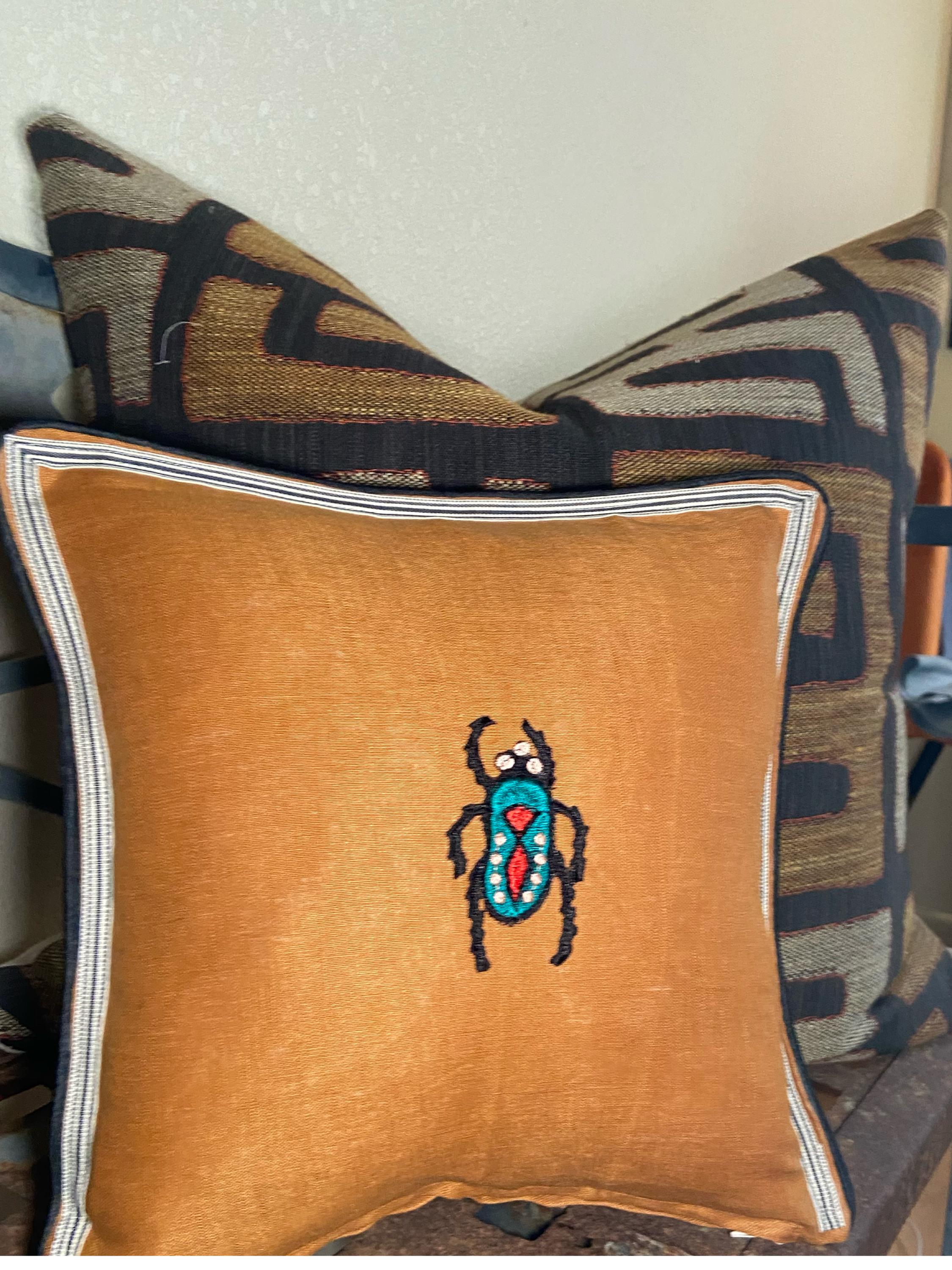 Caramel Brown Linen Beetle Embroidery Pillow: Insect Decorative Cushion