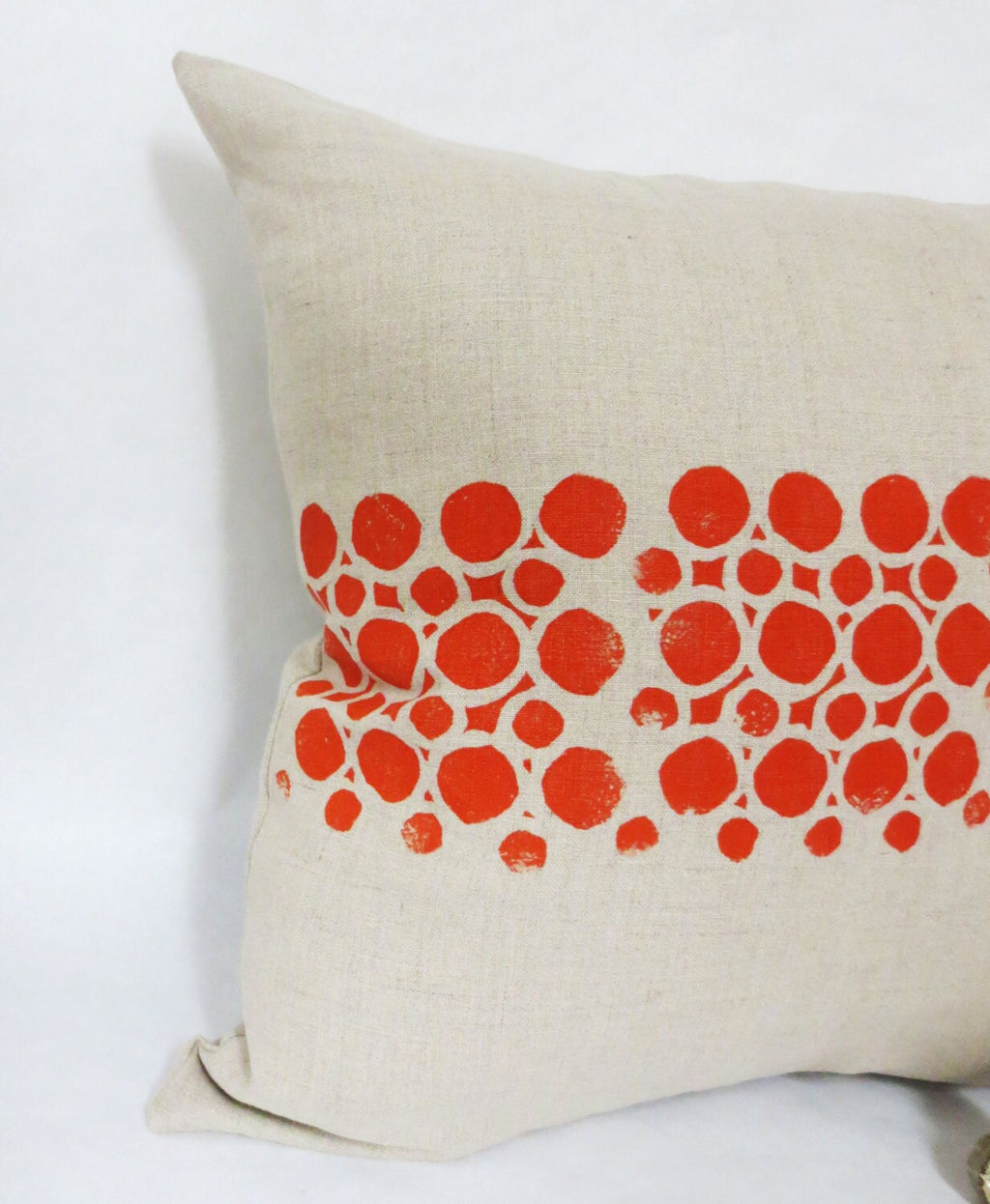 Grey Taupe Linen Hand Block Printed Printed Pillow with Orange Circular Geometric Print