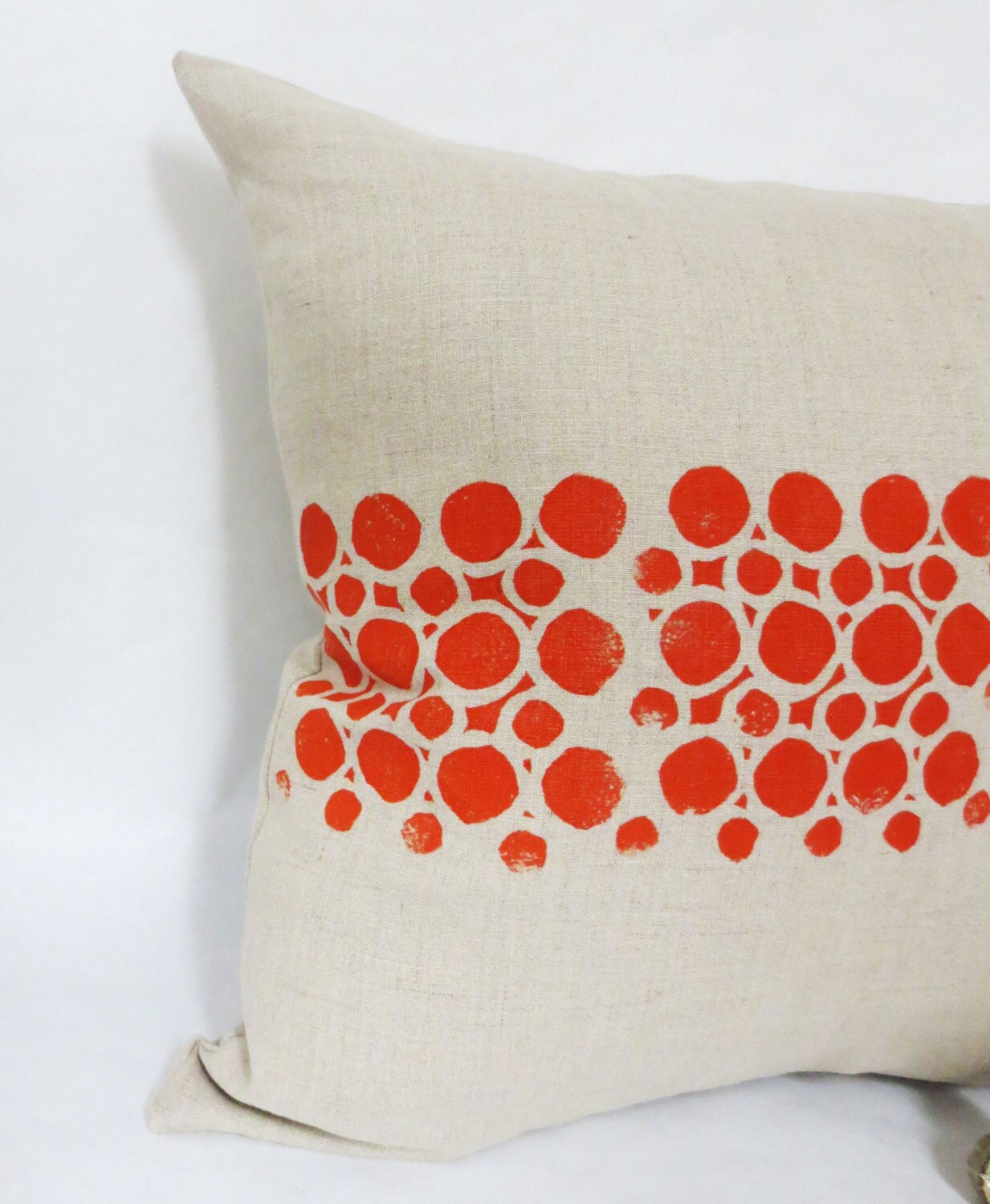 Grey Taupe Linen Hand Block Printed Printed Pillow with Orange Circular Geometric Print