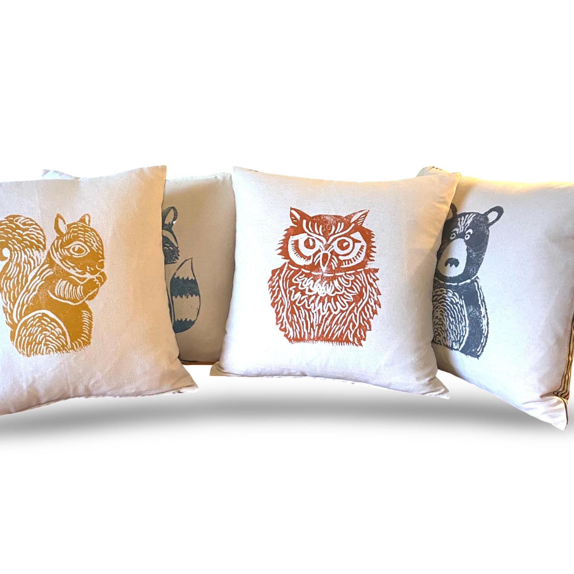 Hand Block Printed Woodland Animal Pillow: Bear, Fox, Moose, Squirrel