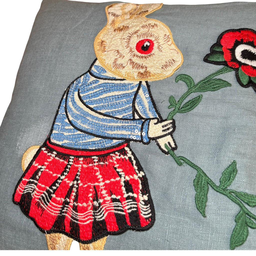 Rabbit Embroidery Pillow: Whimsical PunkLinen Woodland Cushion