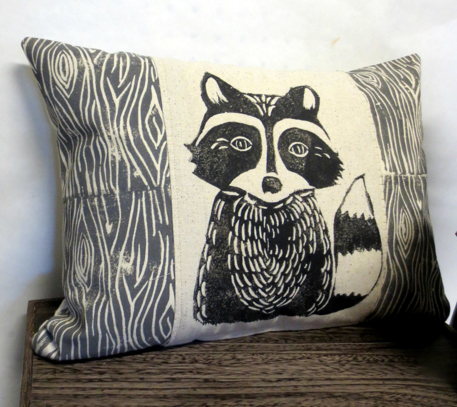 Raccoon Pillow: Hand Carved Block Print, Woodland Nursery Decor