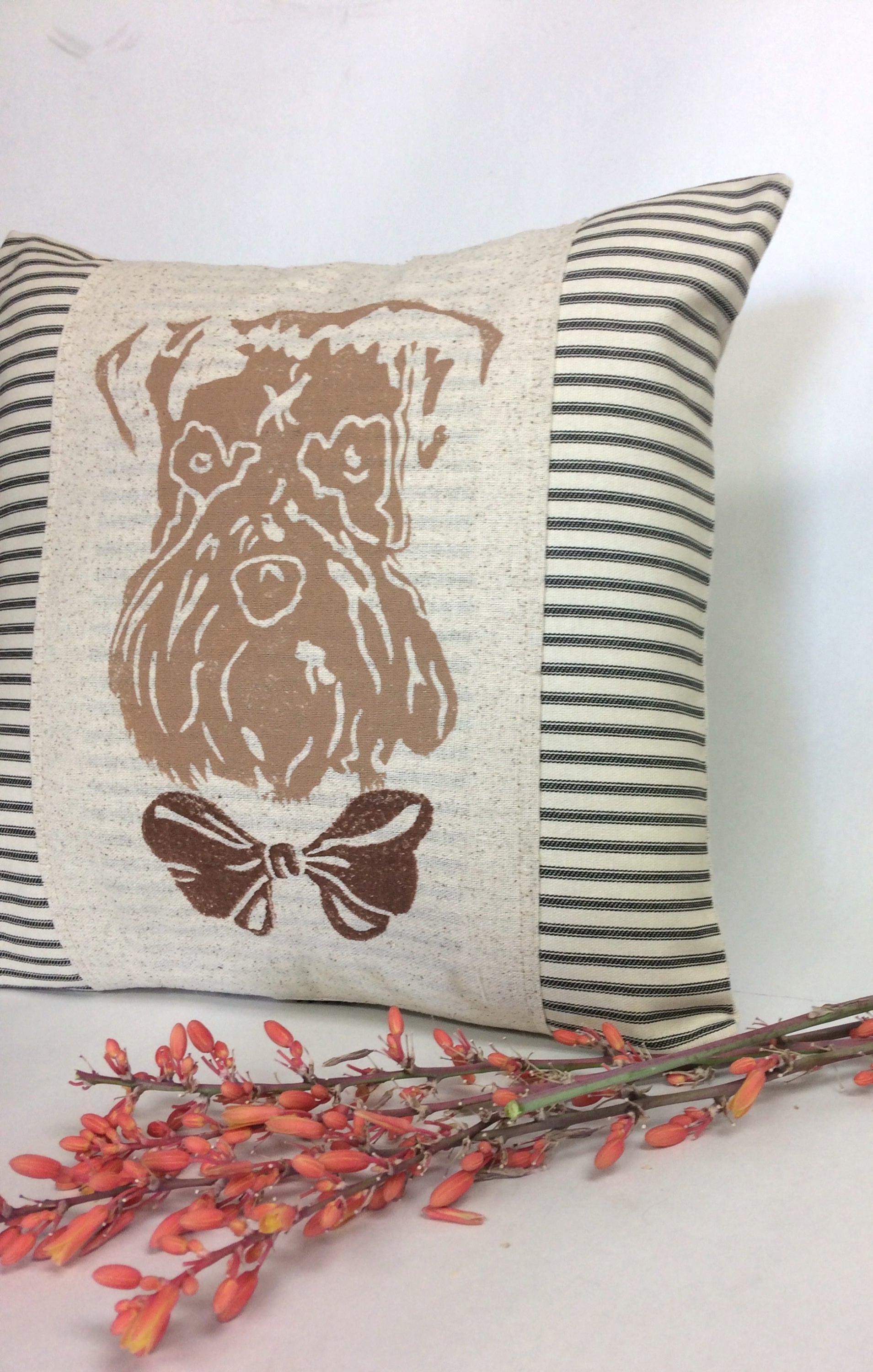 Hand Block Print Wheaten Terrier Pillow Cover: Dog with Bowtie