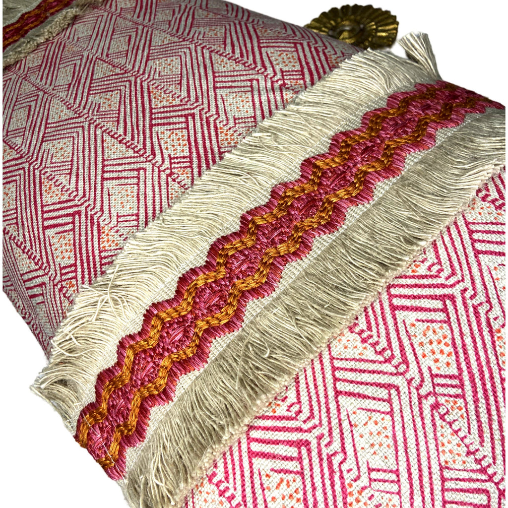 Pink Christopher Farr Linen Lumbar Pillow: Jute Trim Kidney Pillow