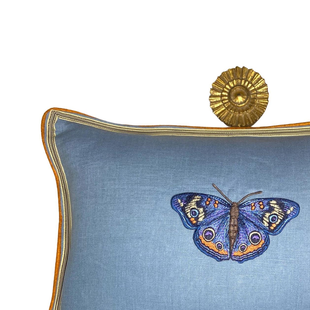 Butterfly Slate Blue and Orange Embroidered  Linen Pillow - Embroidery Pillow
