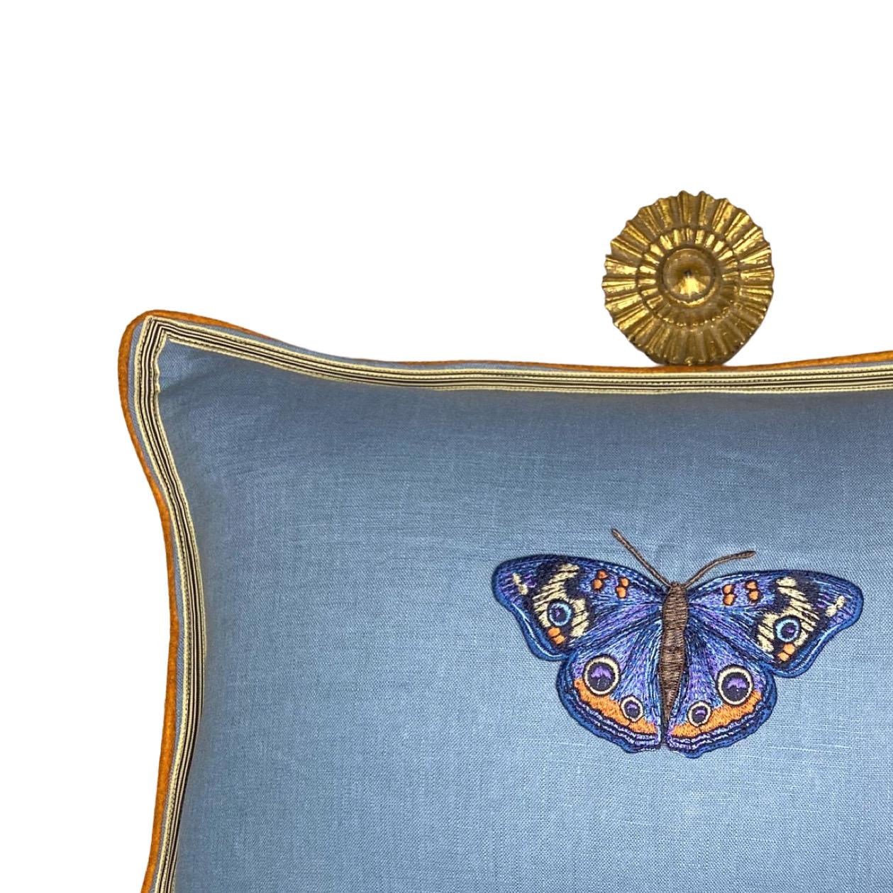 Butterfly Slate Blue and Orange Embroidered  Linen Pillow - Embroidery Pillow