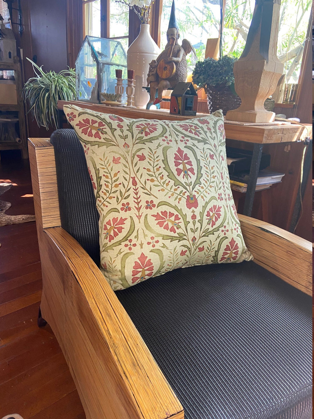 Suzani Print Linen Pillow: French Antique Style, Greens & Pinks (20x20)