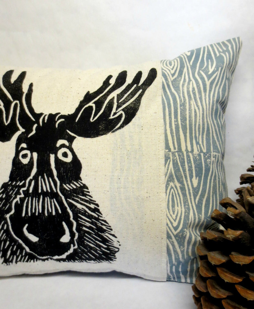 Moose Pillow: Woodland Wood Grain Print, Hand Carved