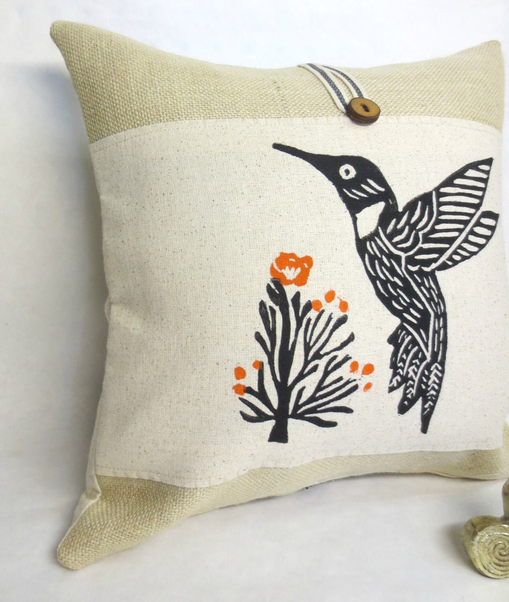 Hummingbird Pillow Cover: Hand Block Print, Orange Floral Accent