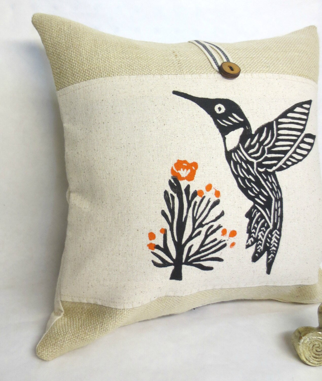 Hummingbird Pillow Cover: Hand Block Print, Orange Floral Accent
