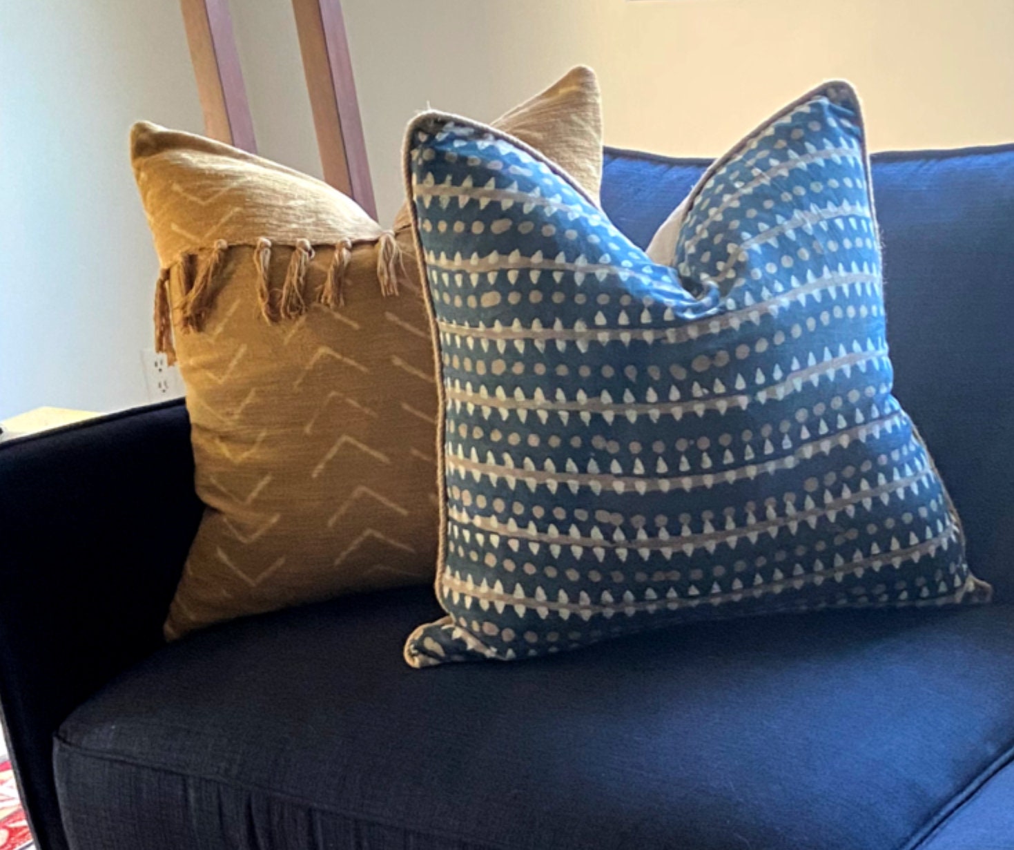 African Mudcloth Pillow Cover: Mustard Gold Cotton with Fringe