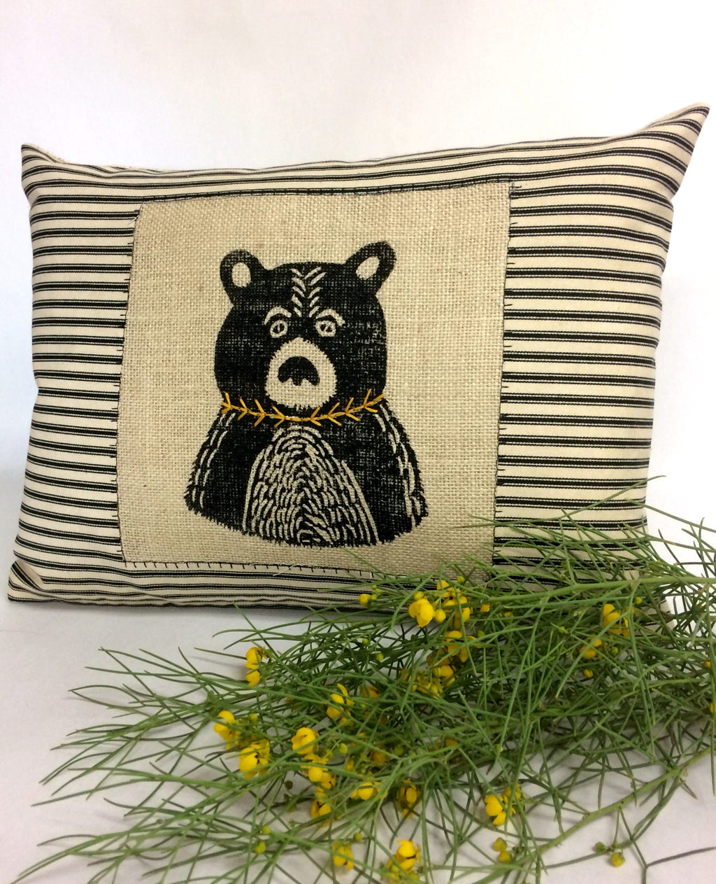Hand Printed Bear Throw Pillow: Black Burlap, Embroidered Detail