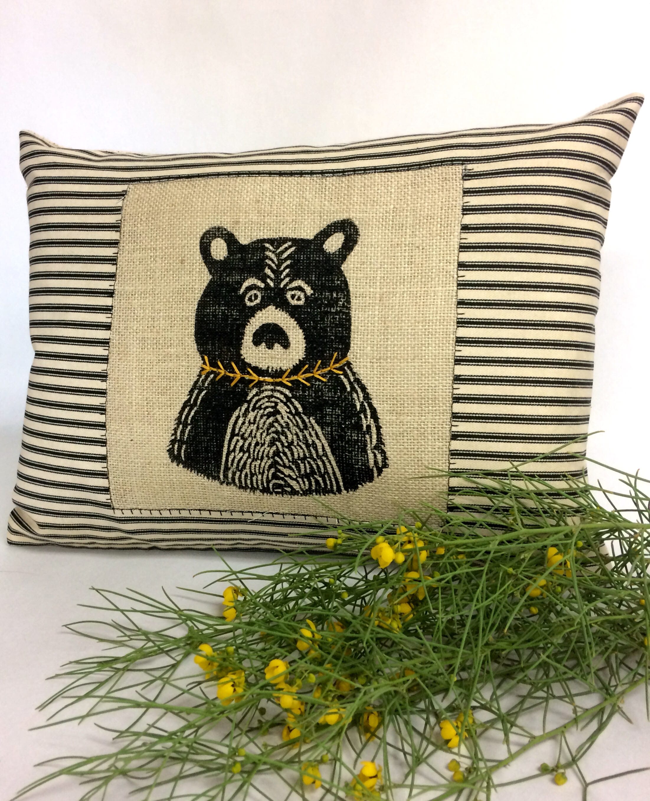 Hand Printed Bear Throw Pillow: Black Burlap, Embroidered Detail