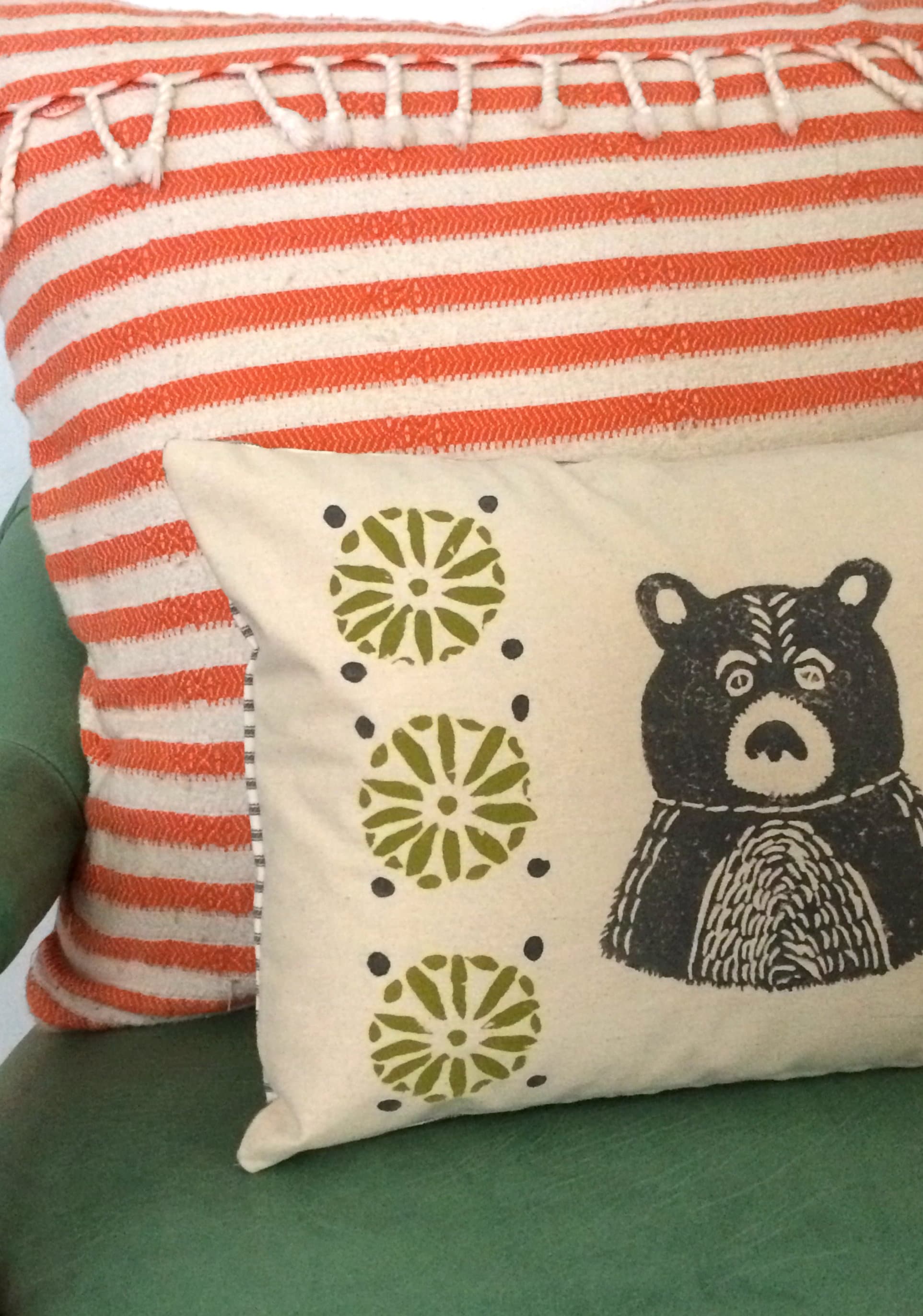 Mid-Century Bear Print Pillow: Grey Bear, Citrine Green Geometric Design