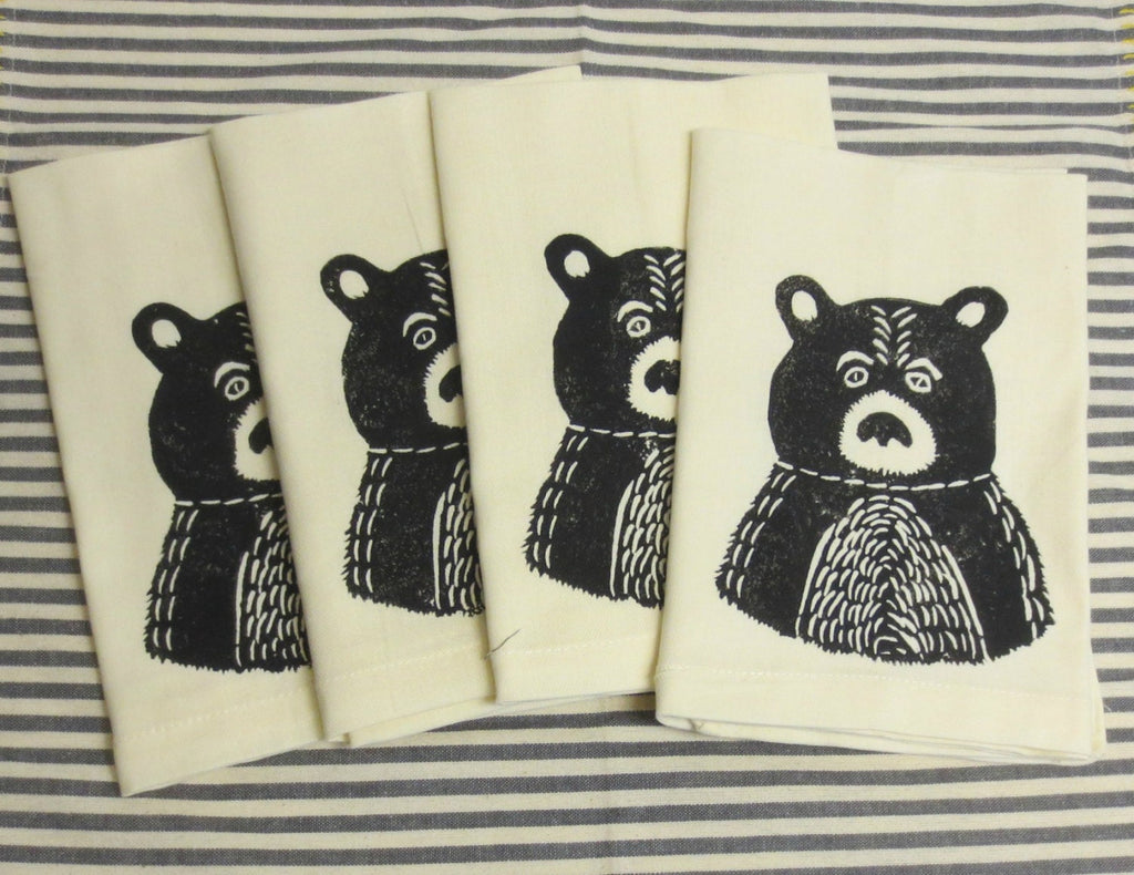 Hand Printed Bear Cotton Napkins - Rustic Black Print, Set of Four