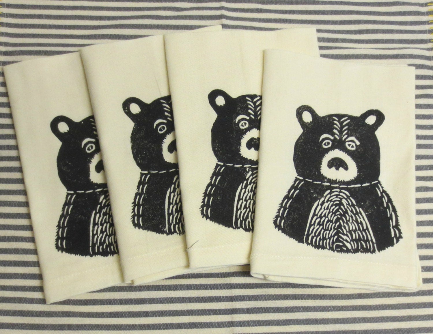 Hand Printed Bear Cotton Napkins - Rustic Black Print, Set of Four