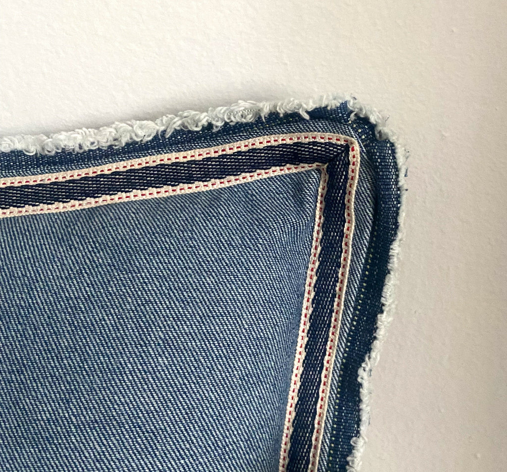 Denim Throw Pillow: Red Lips Embroidery, Raw Fringe Edge