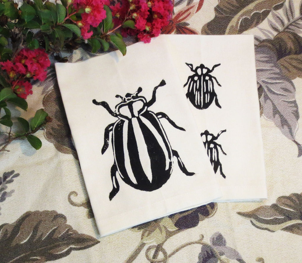 Set of Four Ivory Cotton Napkin with Hand Print Beetle / Insects / Bugs Design