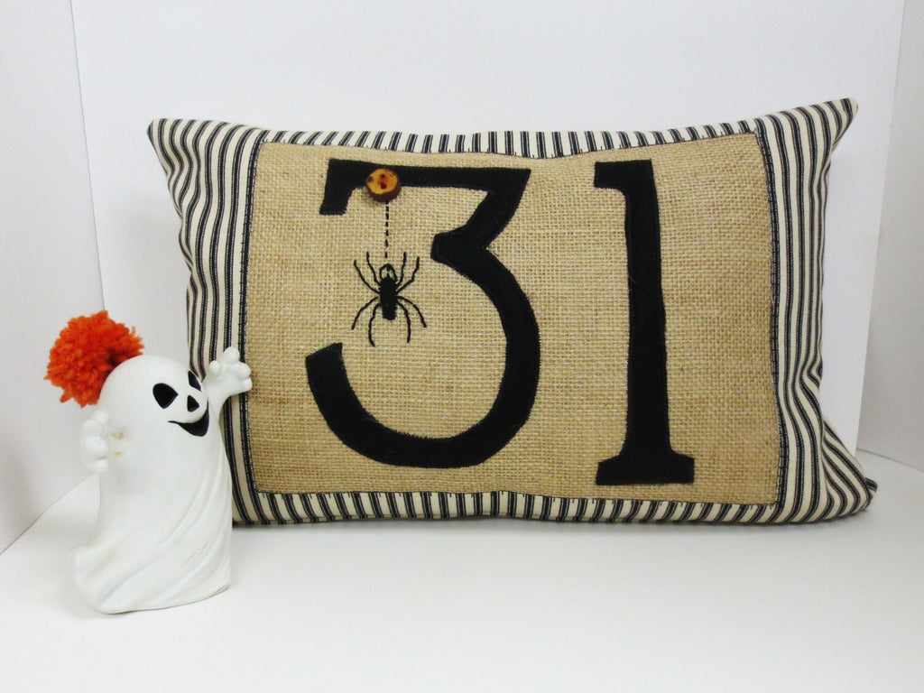 Halloween Spider Pillow: Burlap Lumbar Cushion with Number 31