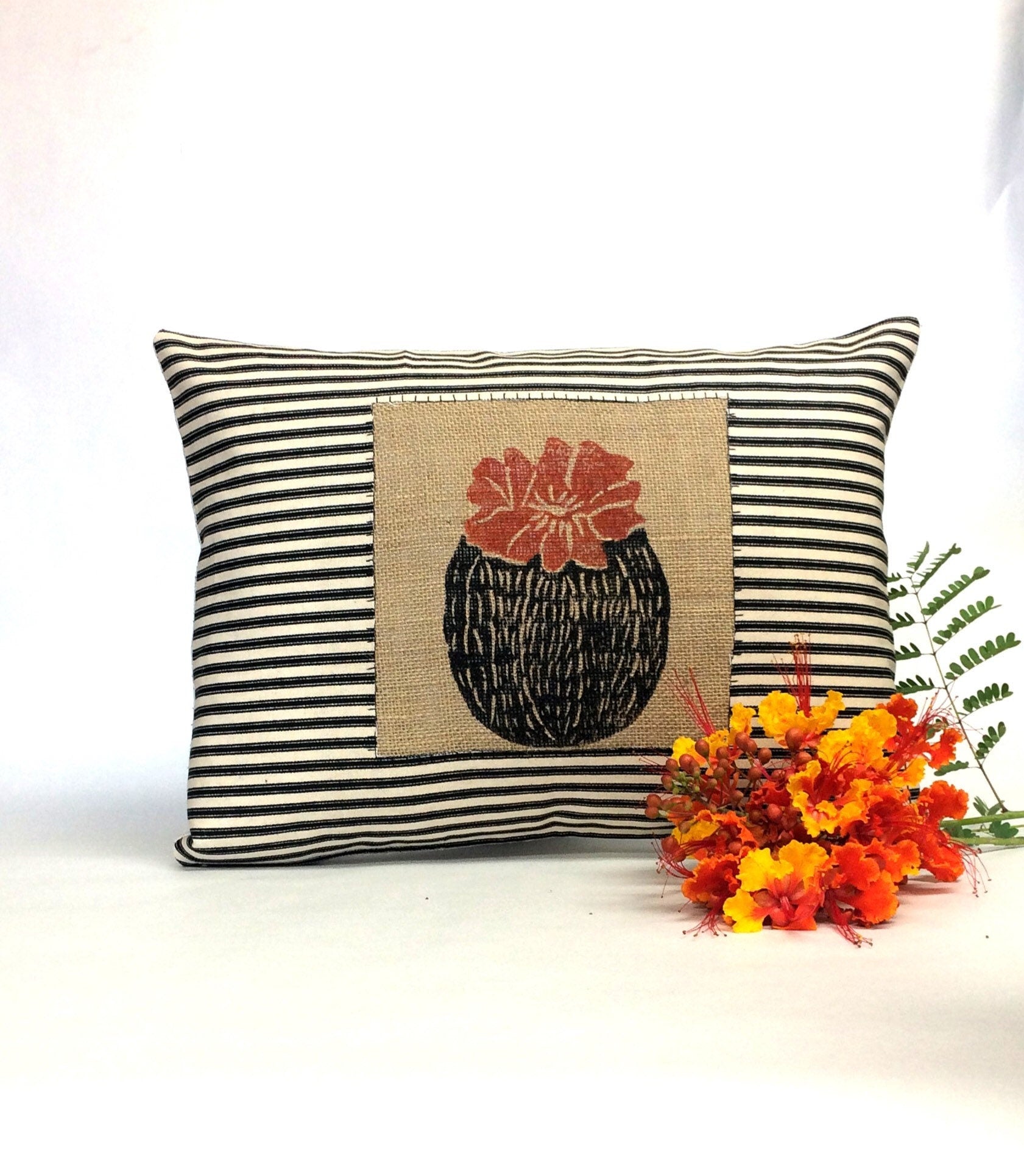 Hand Printed Barrel Cactus Pillow: Striped Cotton & Burlap