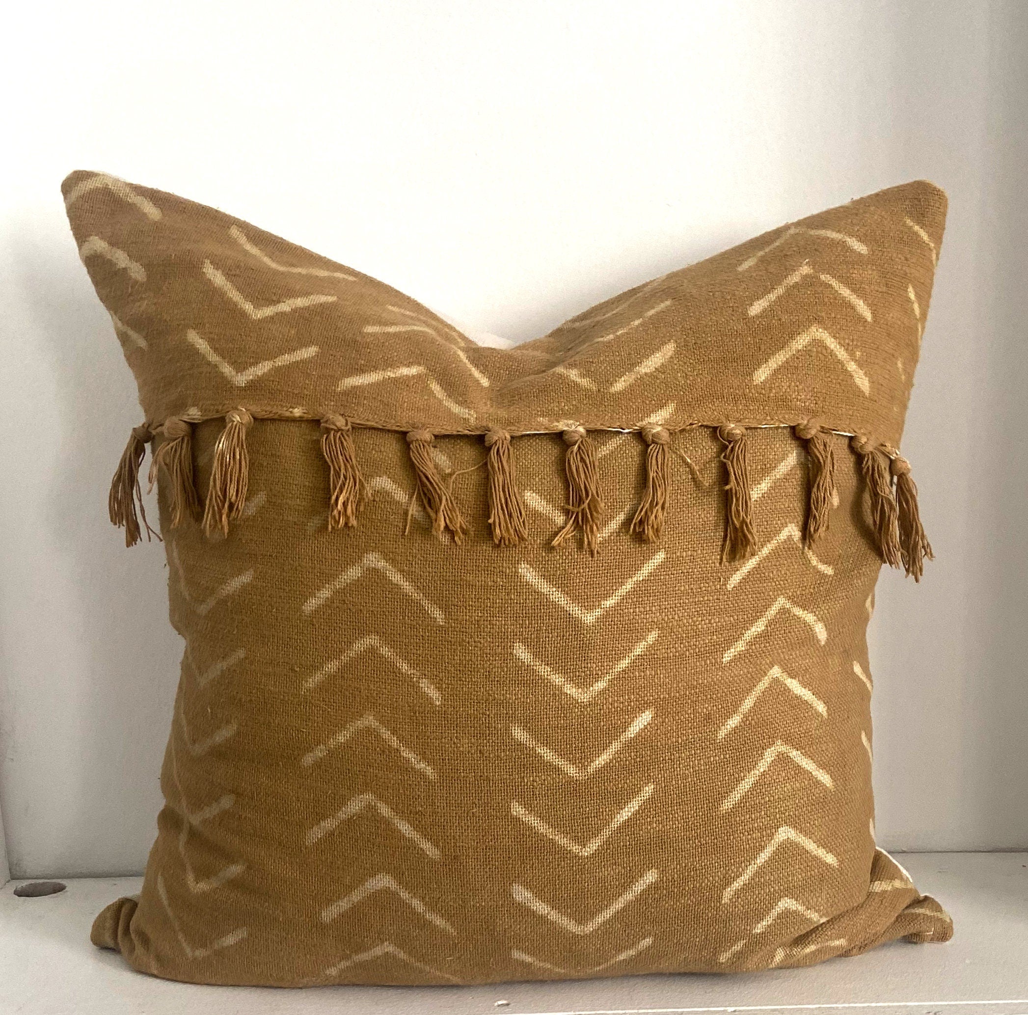 African Mudcloth Pillow Cover: Mustard Gold Cotton with Fringe