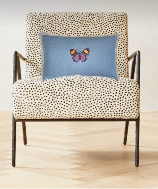 Butterfly Aqua Blue Green Embroidered  Linen Pillow - Embroidery Pillow