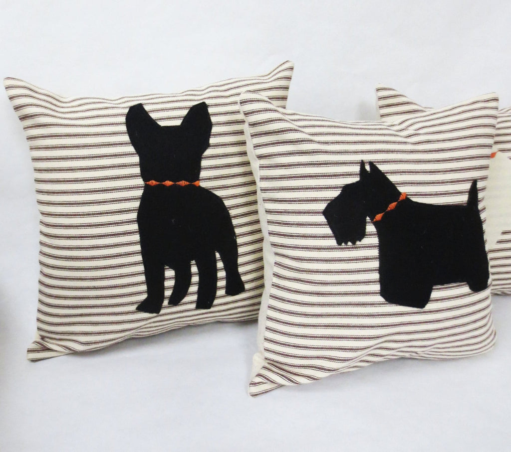 Ticking Stripe Pillow with Felt Dog Silhouette - Custom Breed