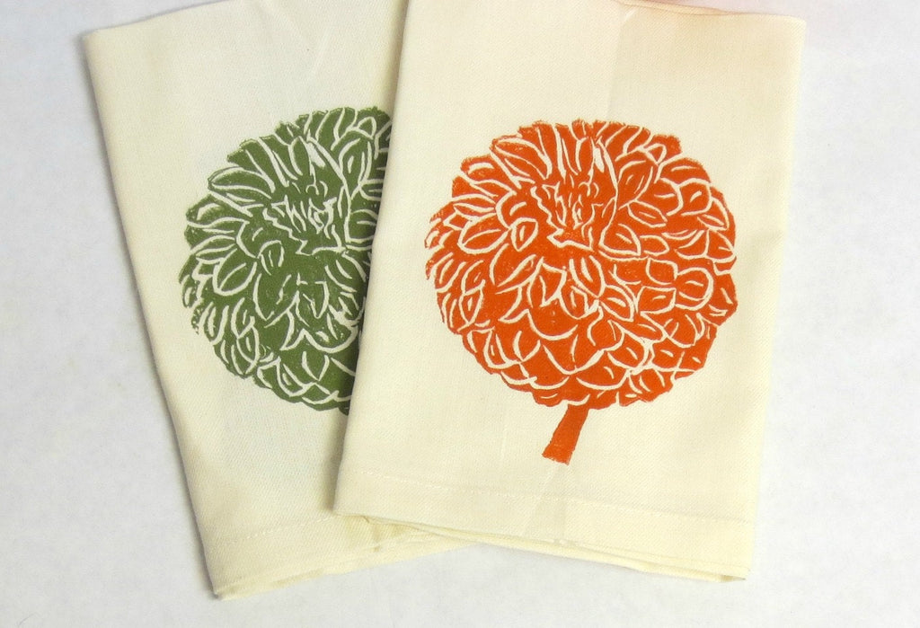 Hand Printed Orange Dahlia Flower Napkins - Set of 4