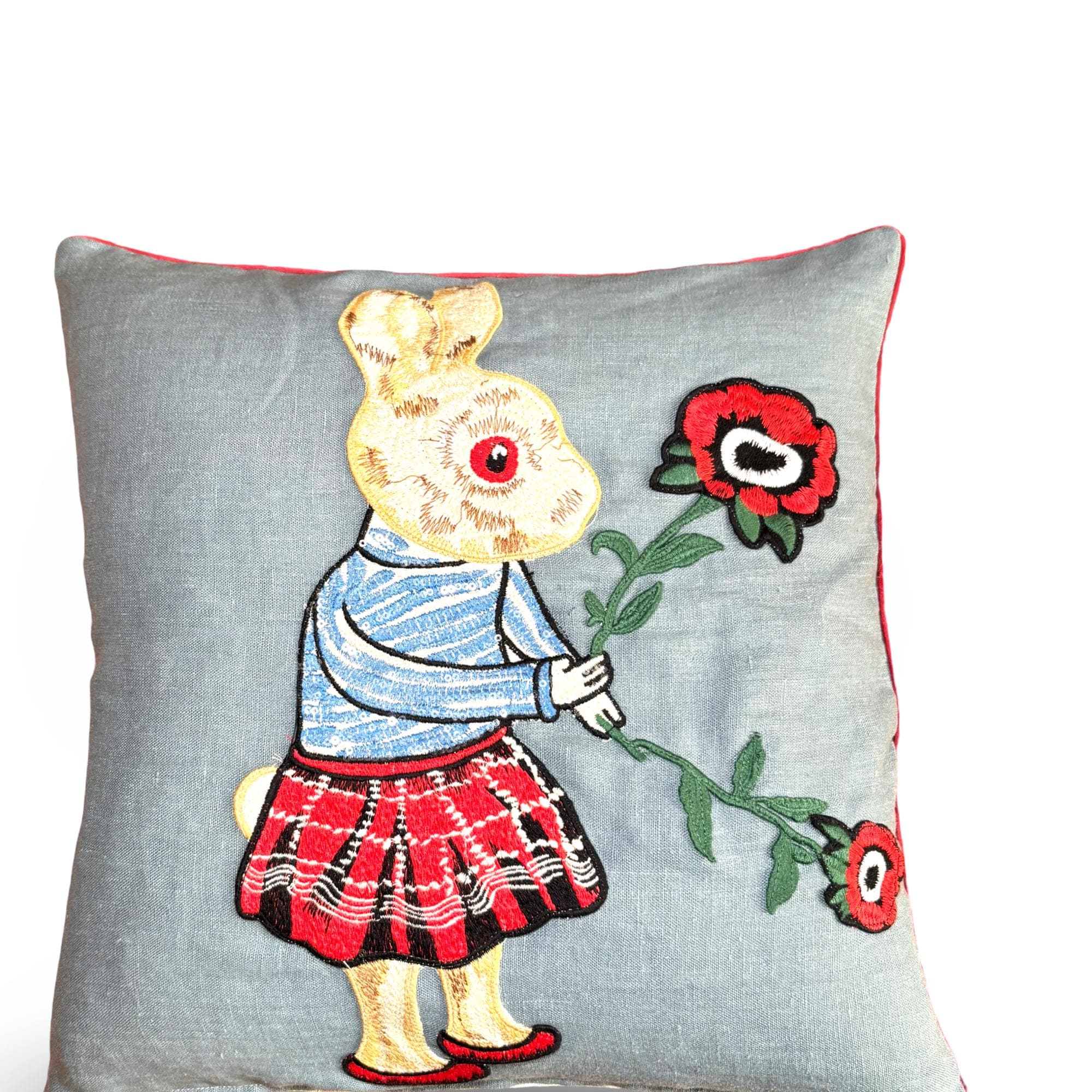 Rabbit Embroidery Pillow: Whimsical PunkLinen Woodland Cushion