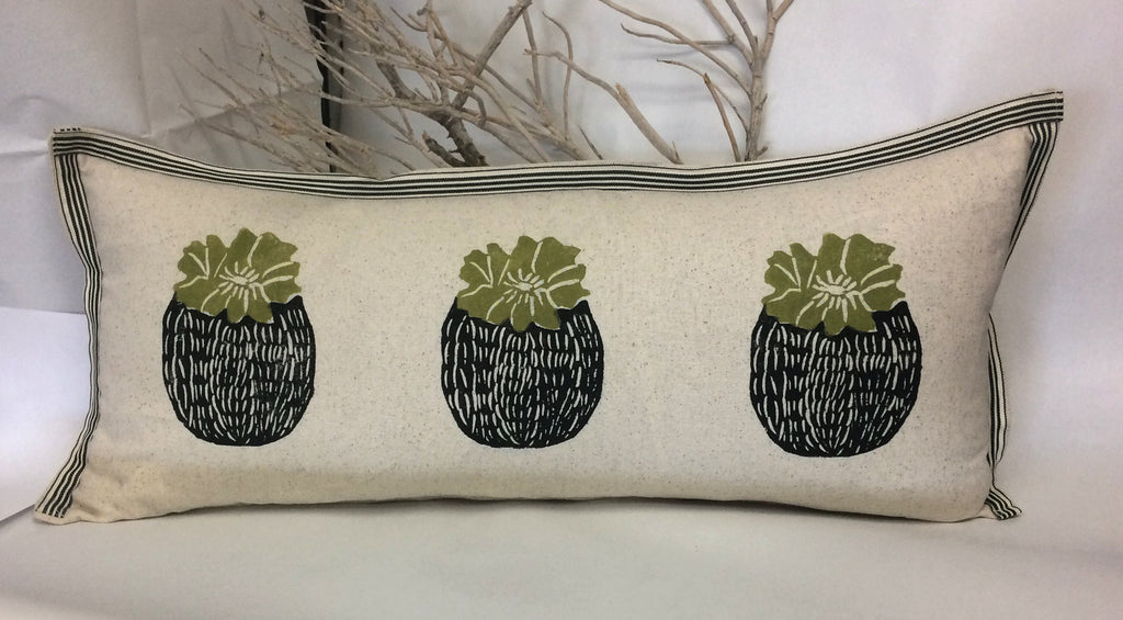 Barrel Cactus Print Kidney Pillow: Hand Block Printed Decorative Pillow