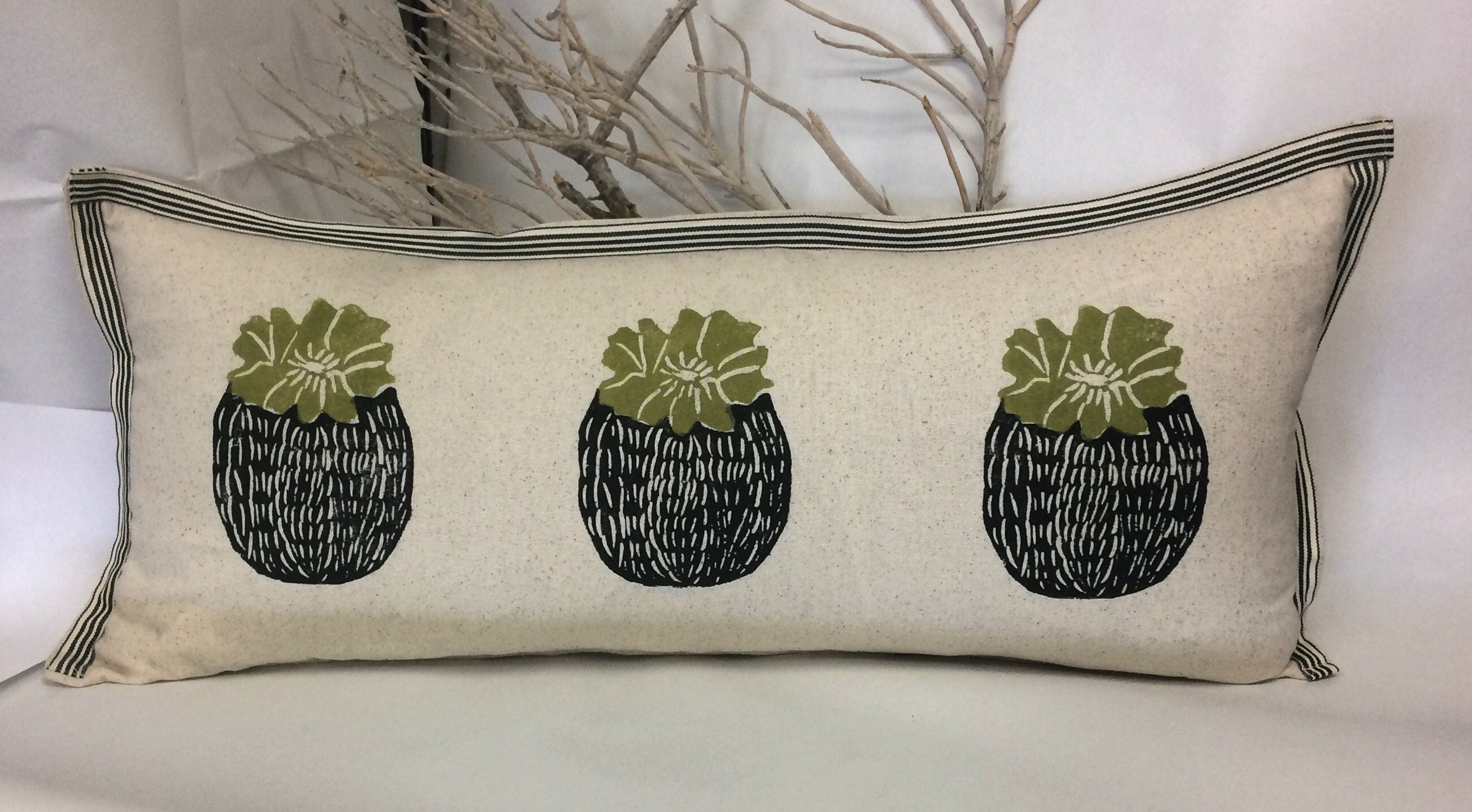 Barrel Cactus Print Kidney Pillow: Hand Block Printed Decorative Pillow