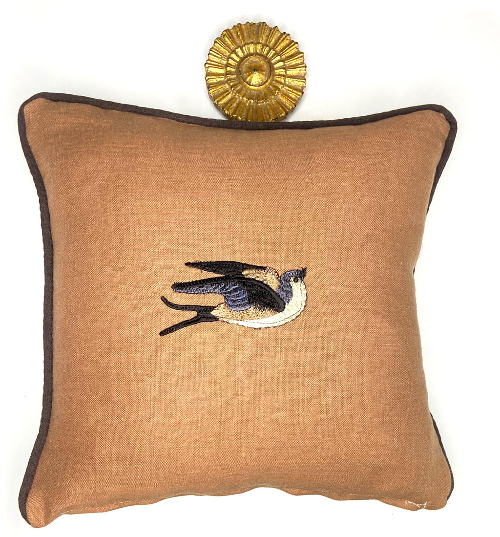 Small Embroidery Linen Pillow - Bird or Bee Decorative Pillow