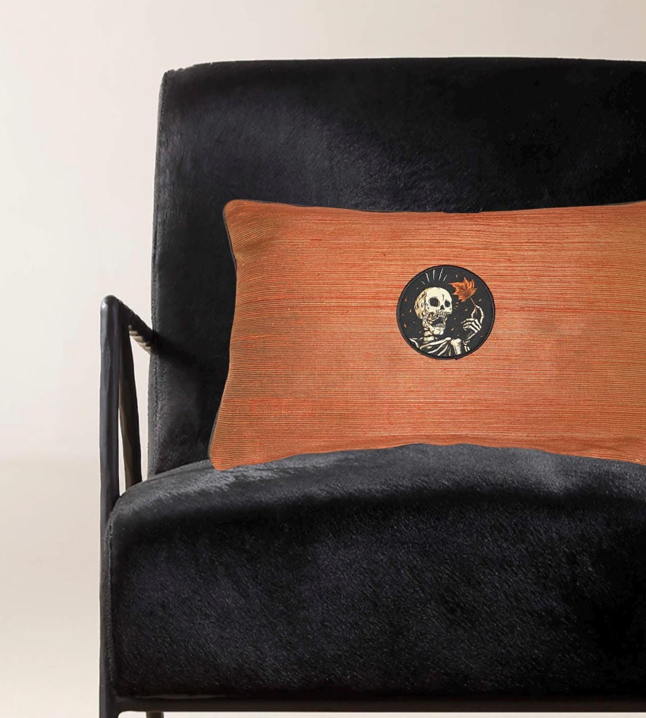 Silk Skull Skeleton Lumbar Pillow: Halloween Embroidery, Gothic Decor