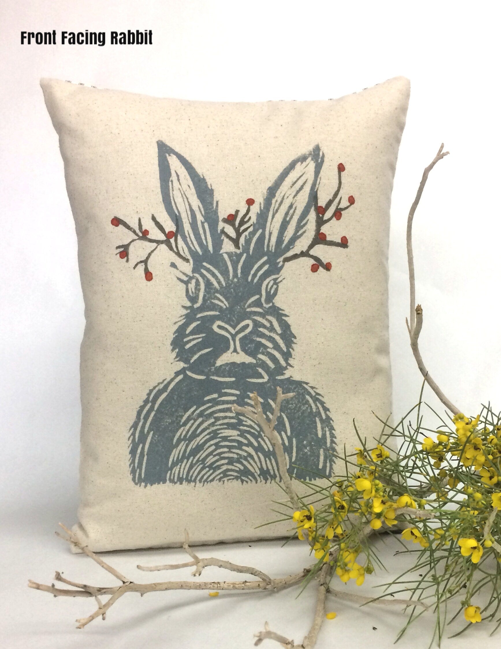 Hand Block Printed Woodland Animal Pillow: Rabbit or Bear Print