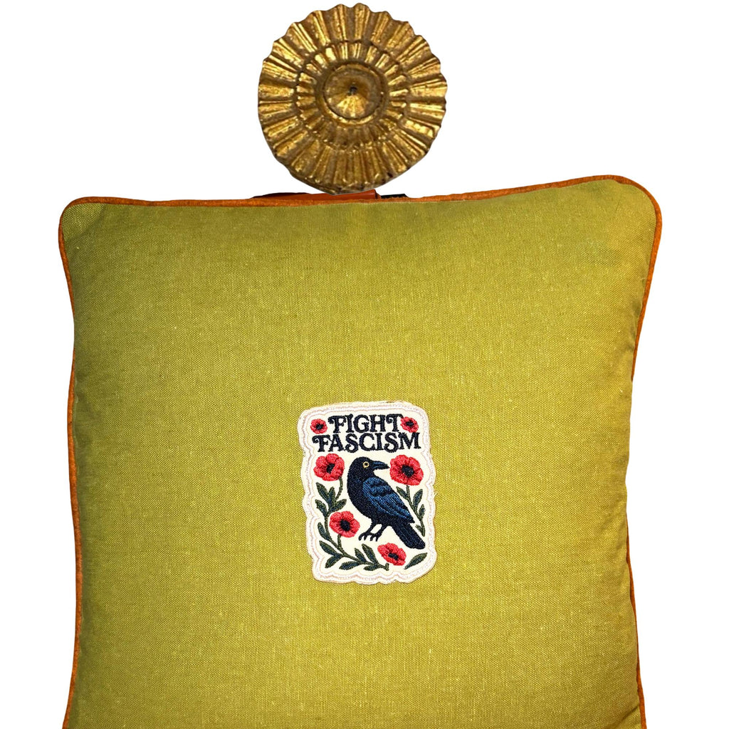 Fight Fascism Raven Embroidery Pillow