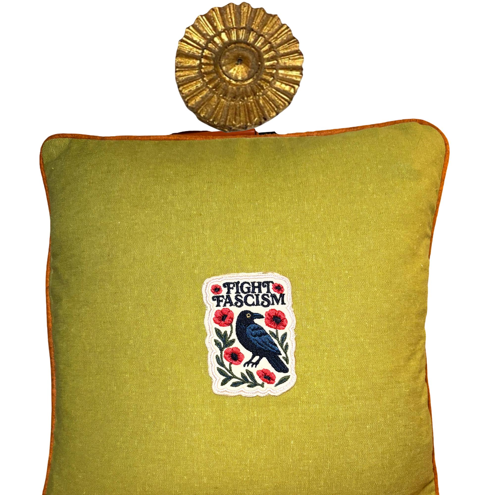 Fight Fascism Raven Embroidery Pillow