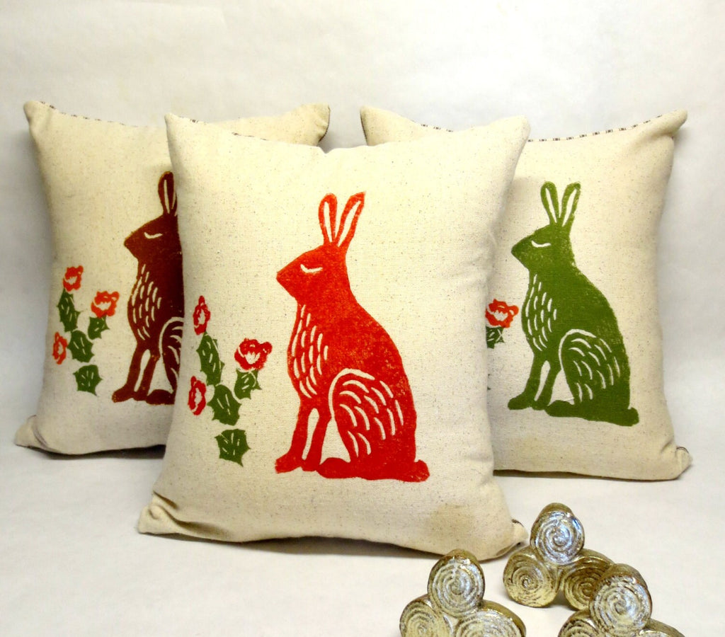 Hand Printed Rabbit Cactus Pillow: Desert Home Decor