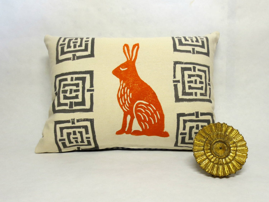Mid Century Rabbit Pillow: Orange Hare Block Print