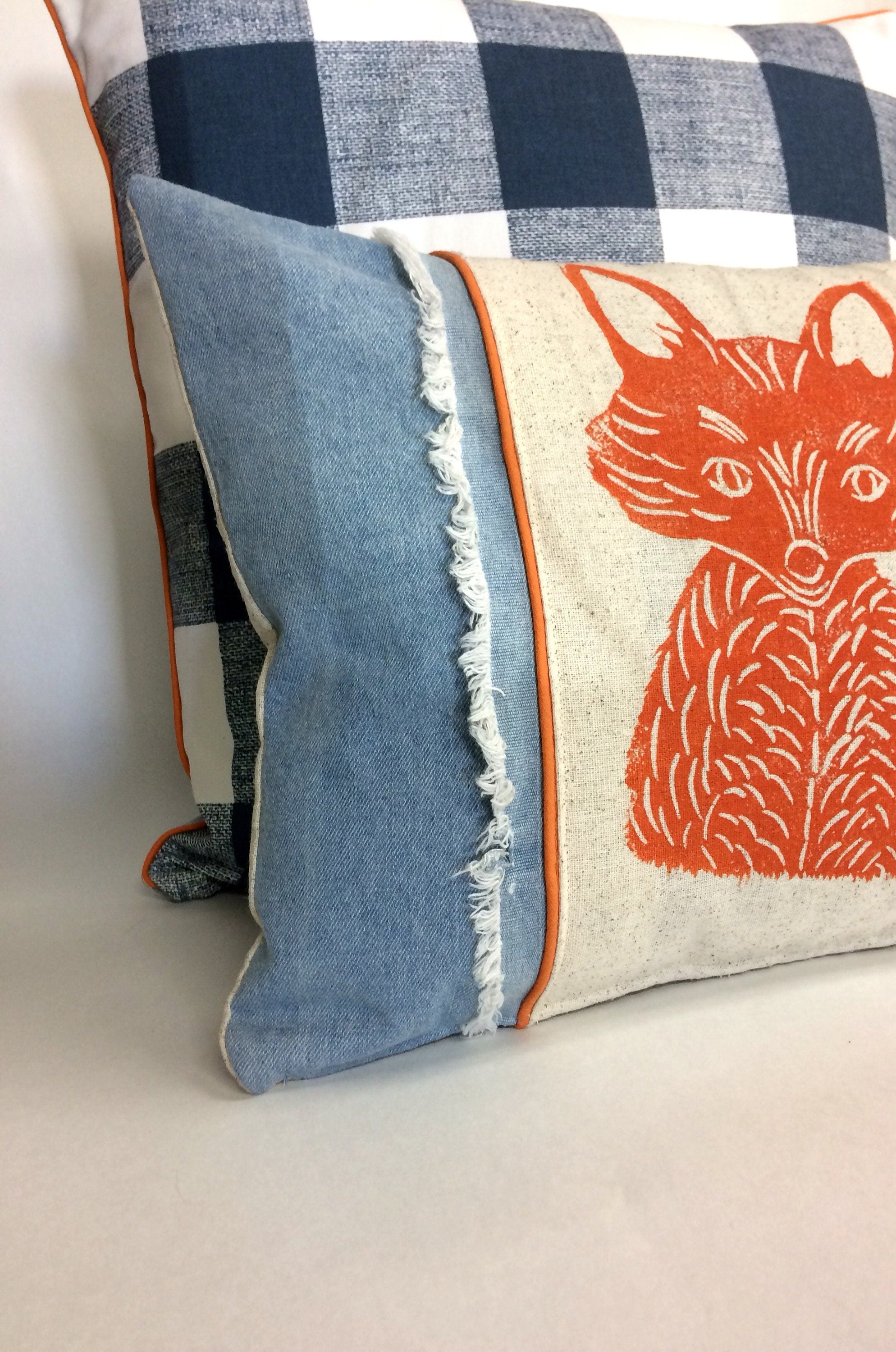 Fox Print Denim Pillow: Hand Carved Woodland Nursery Decor