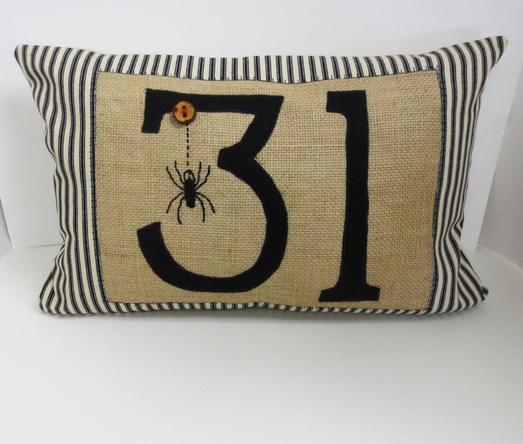 Halloween Spider Pillow: Burlap Lumbar Cushion with Number 31