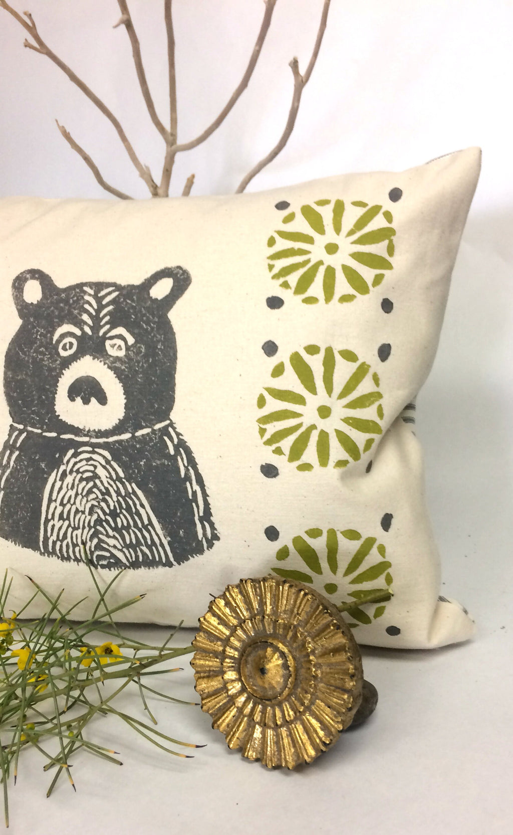 Mid-Century Bear Print Pillow: Grey Bear, Citrine Green Geometric Design